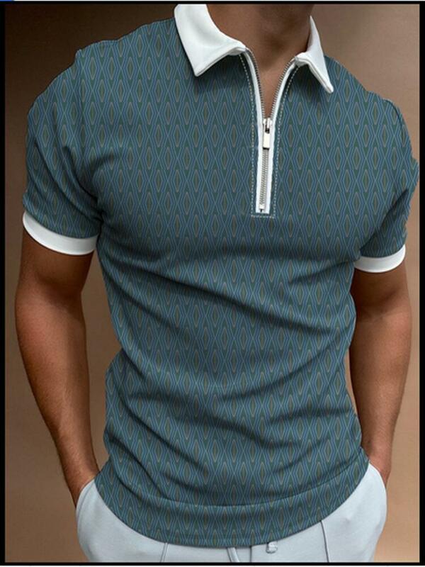Polo da uomo di moda estiva modello di stampa a blocchi di colore camicie da uomo Casual a maniche corte t-shirt con cerniera con colletto rovesciato