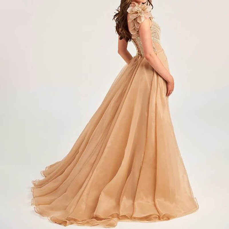Vestido A-Line de Organza Prom, um ombro, gola redonda, miçangas sem mangas, flores bordadas, lantejoulas, fenda plissada