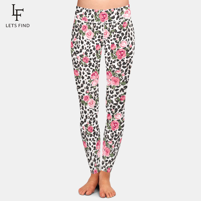 Letsfind 3d flores e estampas de leopardo design mulheres leggings de cintura alta sexy fitness macio magro leggings