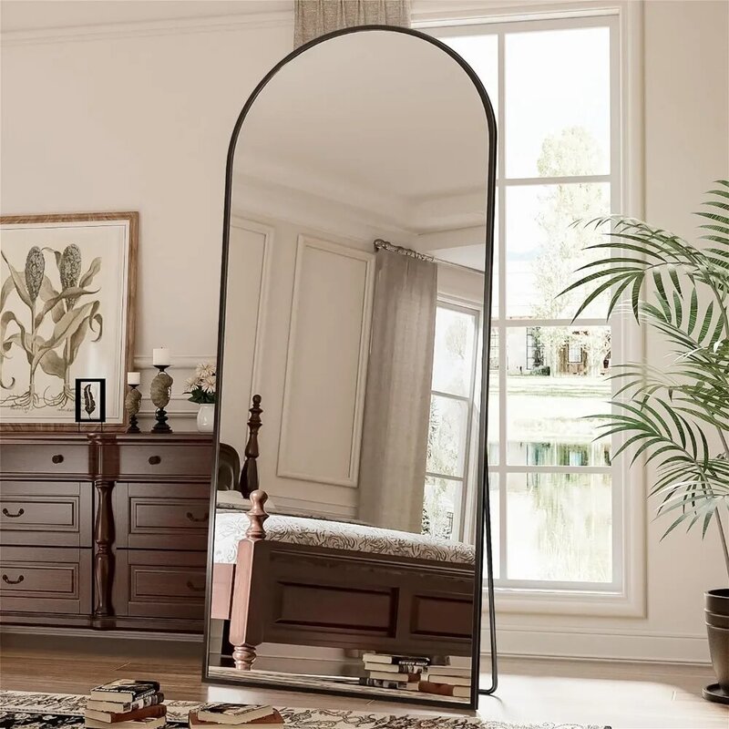 Miroir de sol arqué pleine longueur avec support, grands miroirs muraux arqués noirs, miroirs muraux pleine longueur, 71 po × 28 po