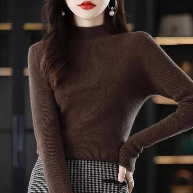 Suéter plisado de manga larga para mujer, jersey de cuello medio alto, ajustado, S-2XL