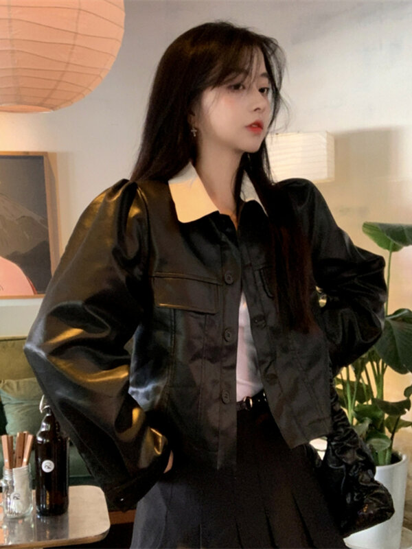 Black Korean Cropped Leather Jacket Women Slim Fashion Pockets Moto Biker Jacket Female Winter Casual Vintage Outerwear Chic Top
