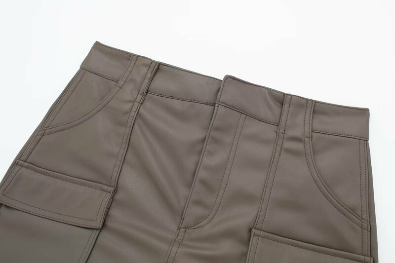 Women 2023 New Chic Fashion Pocket decoration Faux leather Slim Shorts Skirts Vintage High Waist Zipper Female Skorts Mujer