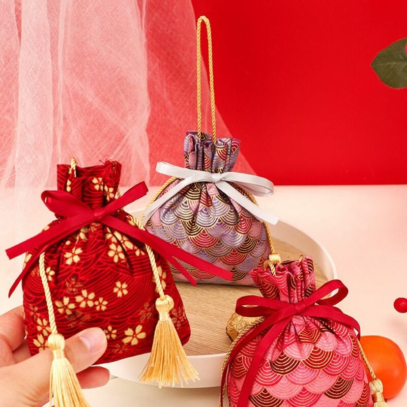 Lucky Cat-bolsa de lona con cordón para muñeca, Lazo de cinta Floral Sakura a rayas, estilo coreano, gran capacidad