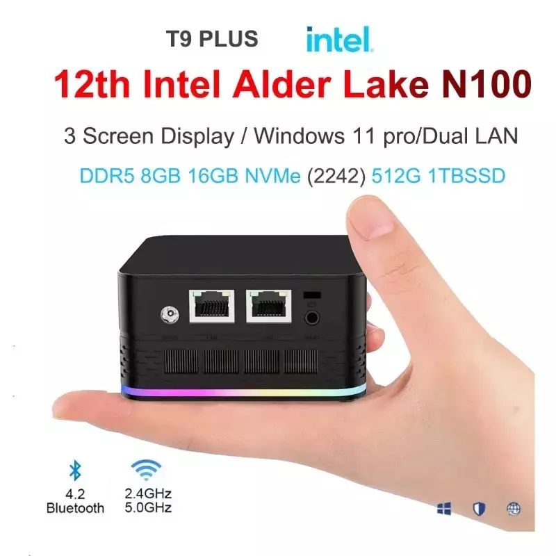 T9 Plus Mini PC Intel Alder Lake N100 8GB/16GB DDR5 256/512GB/1TB Windows 11 Pro Pocket Computer Dual LAN tre HD-MI PC Desktop