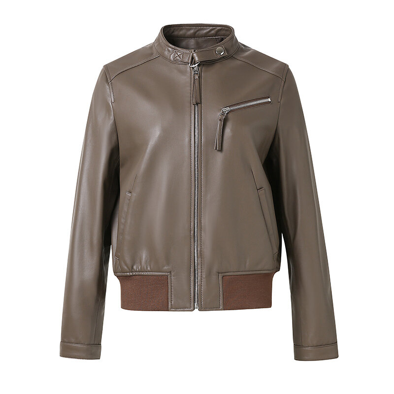 Женская мотоциклетная куртка из натуральной овечьей кожи, однотонная короткая куртка с воротником-стойкой, CL5156, 2022