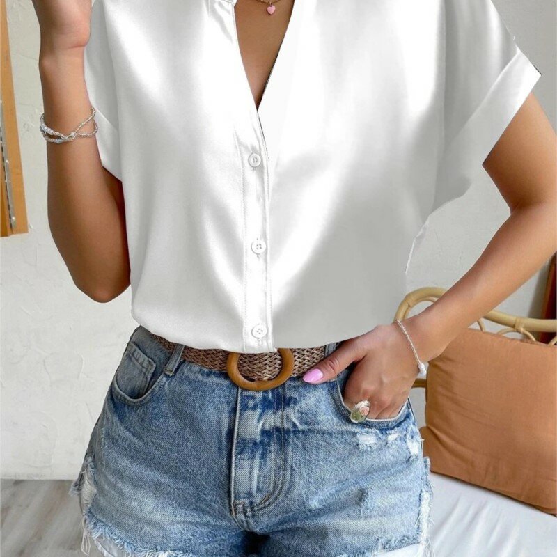 Chemise d'été minimaliste à col en V pour femme, satin rouge, manches courtes, simple boutonnage, coupe décontractée, chemise de bureau élégante, 2024