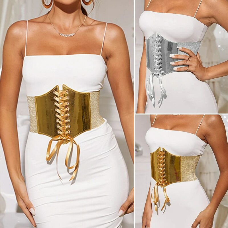 Cintos elásticos largos de espartilho dourados para mulheres, cinto de couro emagrecedor, cinto elástico de cintura alta apertado, cummerbunds