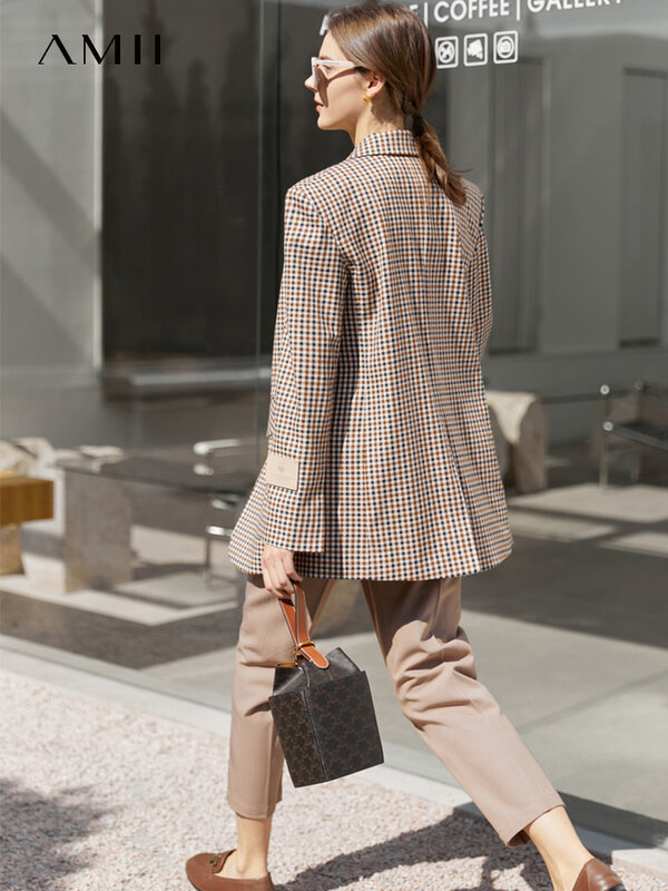 Amii-blazer xadrez vintage feminino, tendência primaveril, com almofada de ombro, botão único, casaco, modelo 12240023, 2023