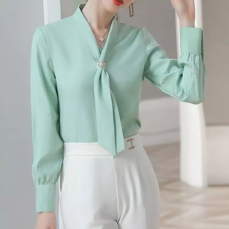Groen Wit Koreaans Elegant Kantoor Dame Shirt Lente Herfst Vrouwen Strik Chique Temperament Lange Mouw Losse Blouse Tops Blusas Z235