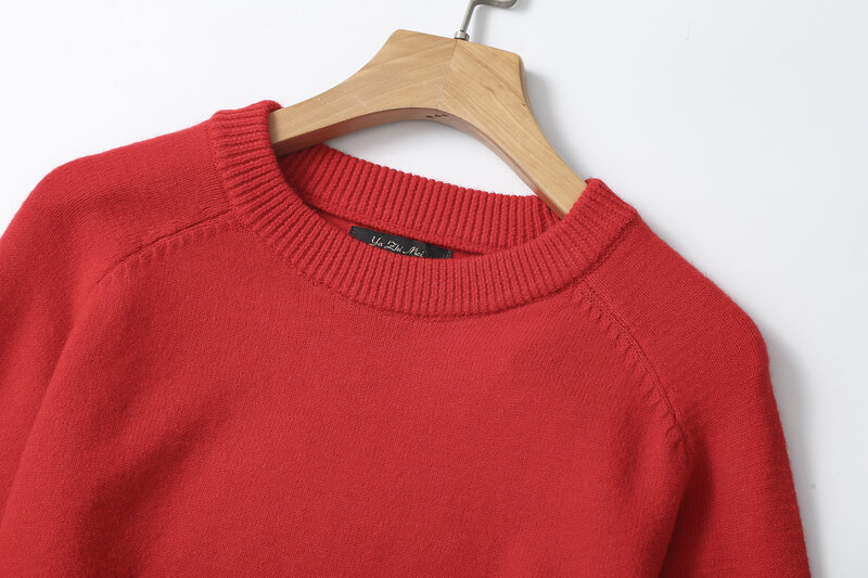 Suéter etéreo-casual minimalista vermelho brilhante mistura de lã gola redonda, novo estilo, outono, MD 2023