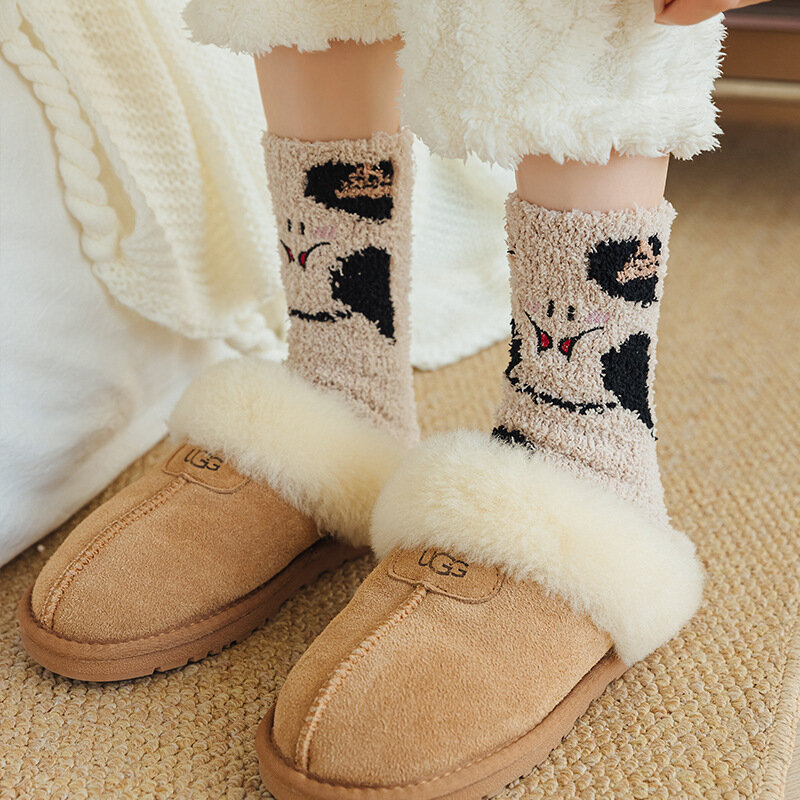 Cartoon Cute Animal Coral Socks for Women's Fleece Warm Thicken Plush Socks Soft Kawaii Mid Tube Socks Floor Sleeping Socks