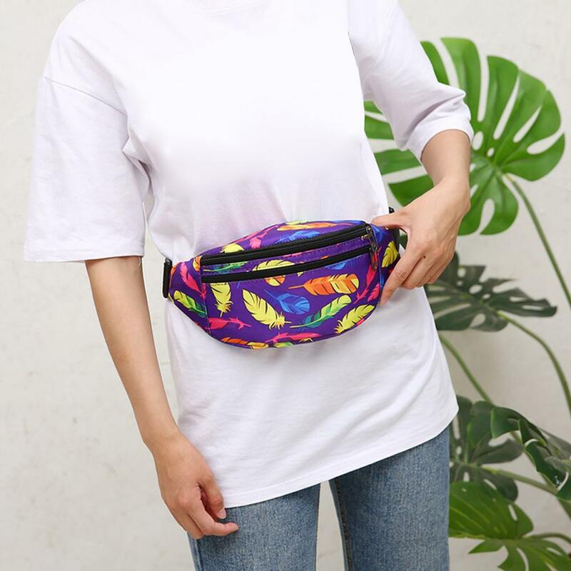 Waist Bag Colorful Camouflage Feather Print Earphone Hole Waterproof Casual Fanny Pack Crossbody Chest Sling Women Bag Daily Use