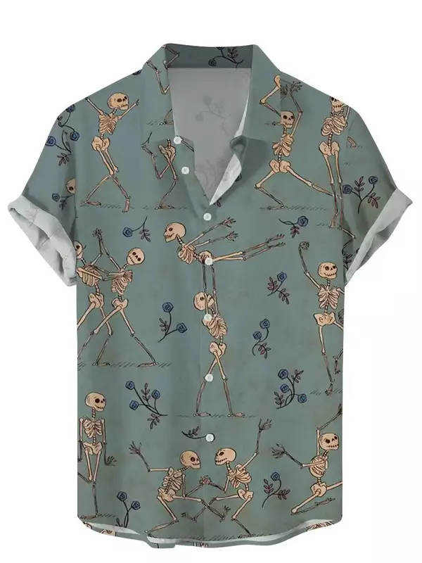 Chemises à manches courtes pour hommes, streetwear imprimé tête de mort 3D, tee-shirt hawaïen, chemises à revers imprimées, vintage et floral