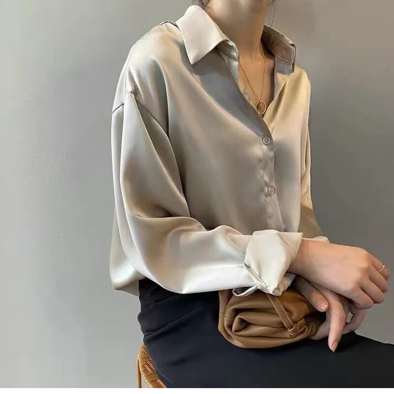 Gidyq Korean Casual Stain Shirt Women Elegant Fashion Long Sleeve Blouse Spring Loose Office Ladies Buttons All Match Chic Tops