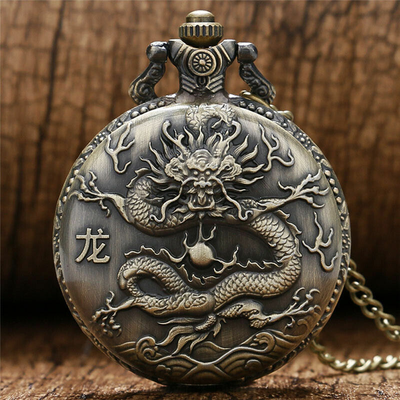 Relógio de bolso de quartzo para homens e mulheres, Design vintage chinês doze zodíaco, Relógio animal gravado retrô com colar, relógio presente