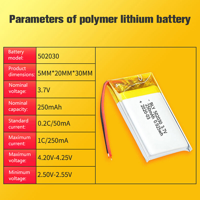 Bateria recarregável do polímero do lítio para a tabuleta, PC, orador claro do diodo emissor de luz, Lipo do Li-íon, 502030, 200 mAh, 250mAh