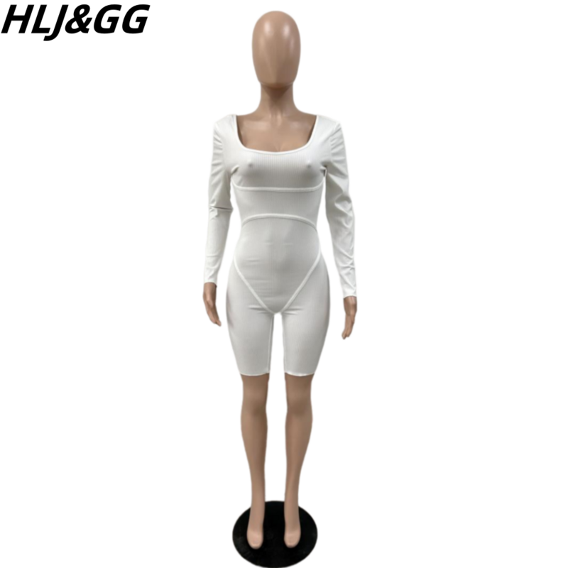 HLJ&GG Sexy Solid Ribber Bodycon Sporty Rompers Women Round Neck Long Sleeve Slim Jumpsuit Casual Female Backless Jogger Overall