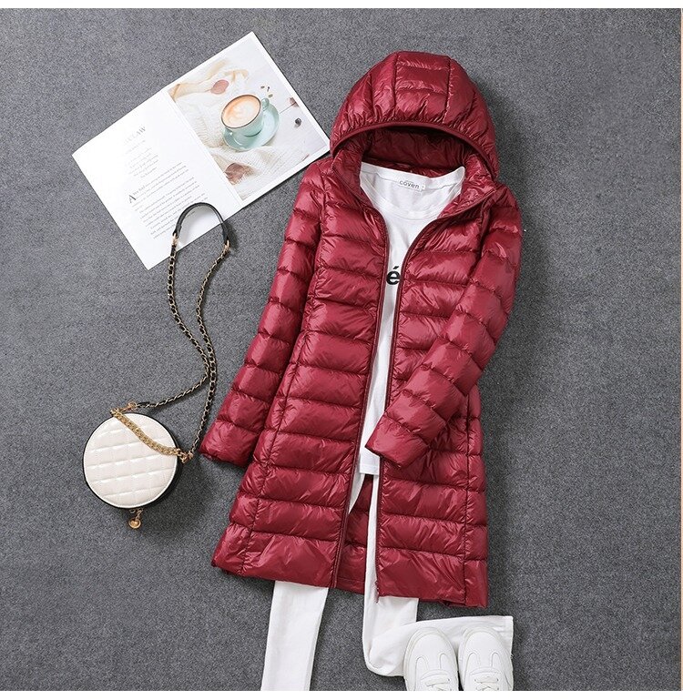 여성용 용수철 재킷, 초경량 얇은 패커블 다운 롱 재킷, 여성용 모자 분리형 슬림핏 스커트 코트, 휴대용 아웃웨어, 2023