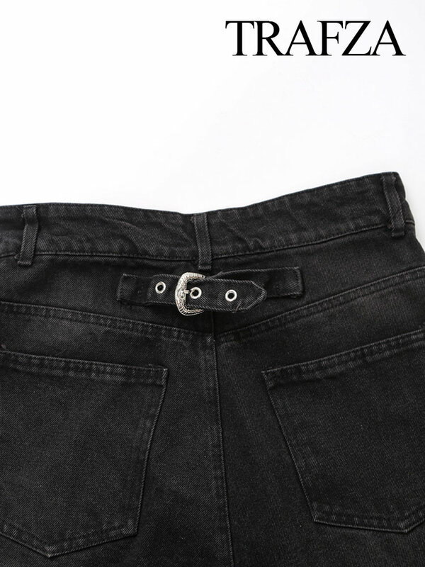 TRAFZA-Jeans reto de cintura alta para mulheres, preto da moda, pulseira de metal, bolsos casuais vintage, calças largas, primavera, 2022