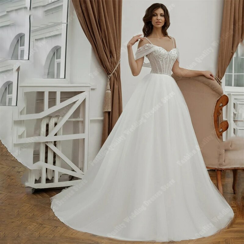 여성용 오프숄더 웨딩 드레스, 2024 빈티지 A 라인 민소매 신부 약혼 볼, 신부 가운