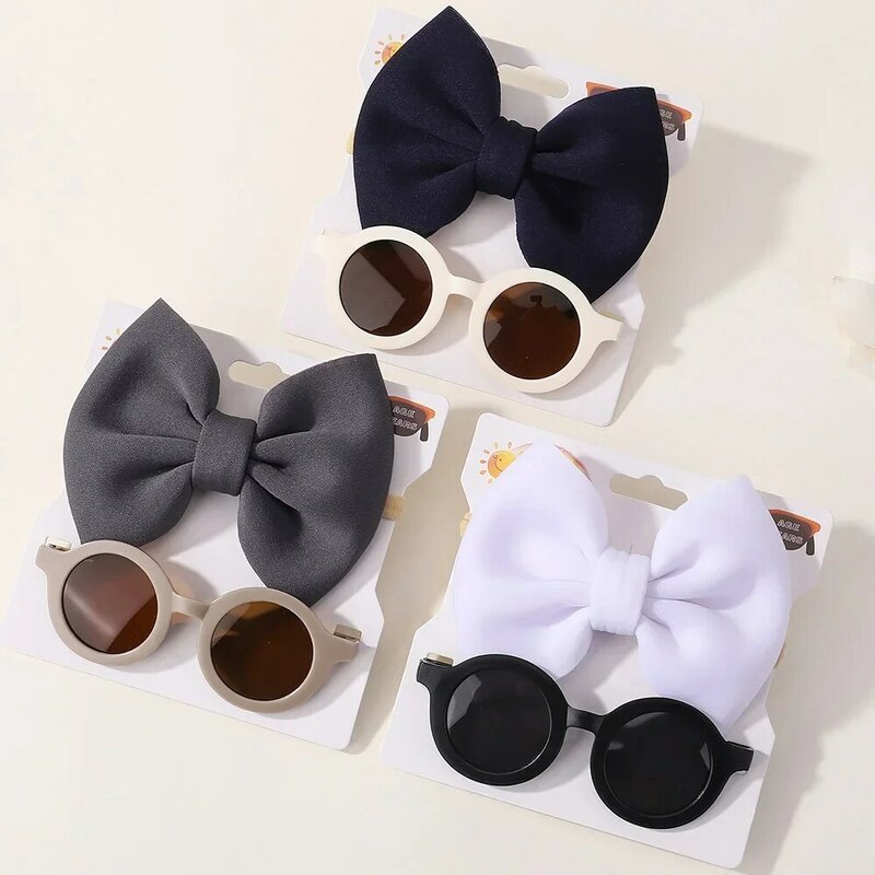 2pcs/ Set Kids Bow Hair Band Solid Color Soft Nylon Hair Rope UV Resistant Sunglasses Personality Beach Style Hair Accessories