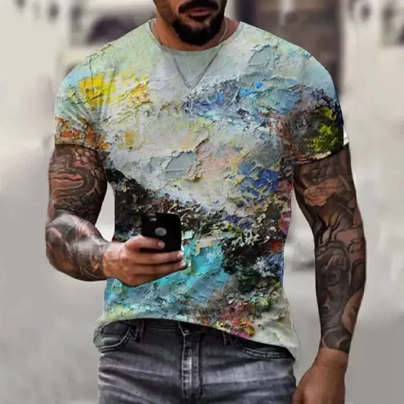 The latest summer men O collar T-shirt oil painting style 3D printing casual fashion color Harajuku style men short sleeve