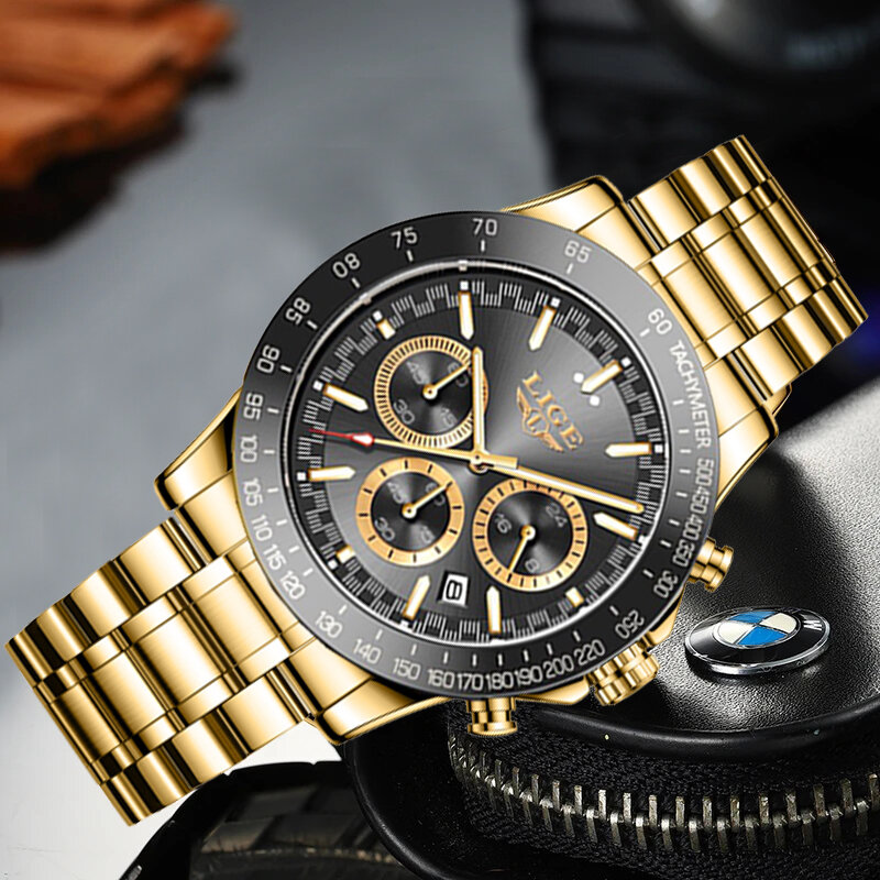 LIGE-reloj analógico de acero inoxidable para hombre, accesorio de pulsera de cuarzo resistente al agua con calendario, complemento masculino deportivo de marca de lujo con esfera luminosa, color dorado