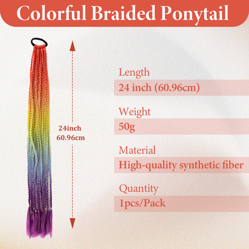 Красочный плетеный конский хвост, синтетический удлинитель волос, 24 дюйма, радужные цвета, косички, конский хвост с резинкой для женщин и девочек