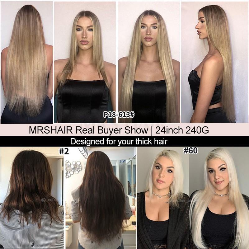 Mrshair-人間の髪の毛のエクステンション,シームレスなクリップ,ヘアピース,フルヘッド,厚くて生の髪,24インチ,240g, 6個