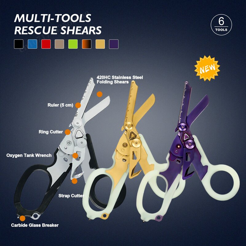 Multifunções Emergency Rescue Shears, Tactical Folding Scissors, Outdoor Survival Tool, EMS First Aid Hiking and Camping