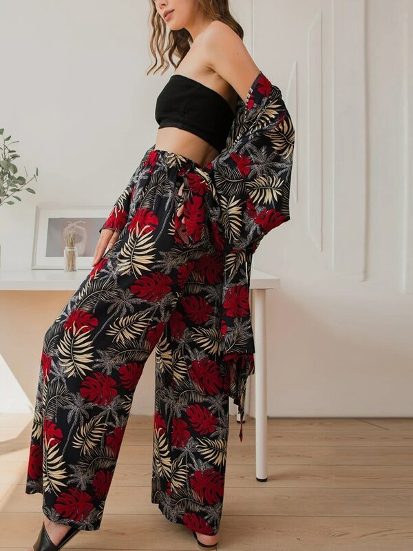Marthaqqiqi-Pijama de manga comprida para mulheres, robe sexy com decote em v, camisolas com renda, calças, pijamas soltos, impressão, feminino