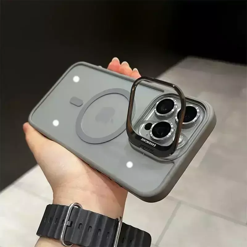 Magsafe Magnetic Lens Protection Stand Phone Case, Capa de metal transparente, Vidro da câmera, iPhone 15, 12, 13, 14, 11 Pro Max