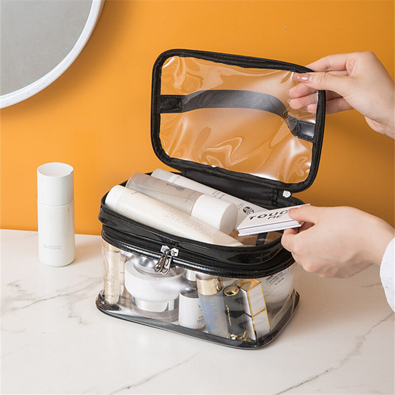 Borsa cosmetica portatile a doppio strato trasparente in PVC borsa da toilette impermeabile a strati di grande capacità comoda per viaggiare