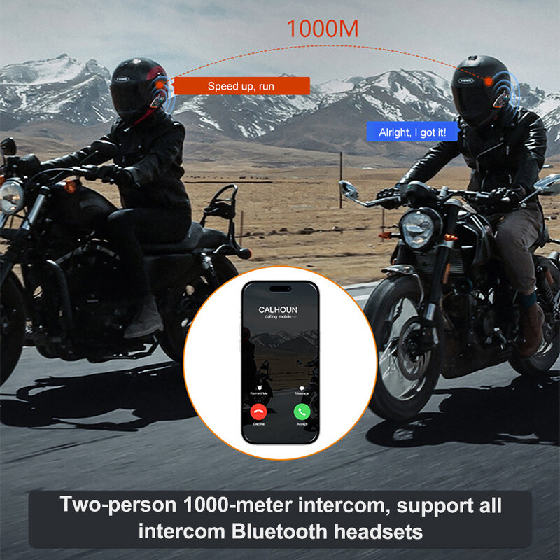 Motorcycle Helmet Intercom Bluetooth Headset V5.0 Hands Free Call Wireless Noise Reduction Waterproof 1000M 2 Rider Interphone