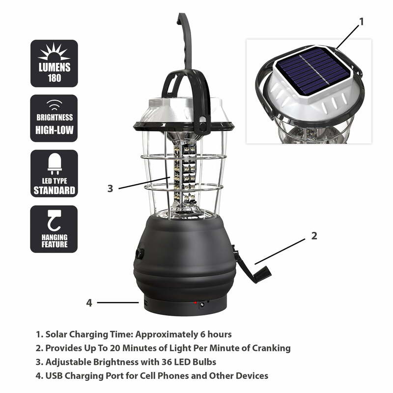 Solar, crank generator, 4 modes of power - 180 lumens 36 led adjustable setting camping, emergency by the millstone
