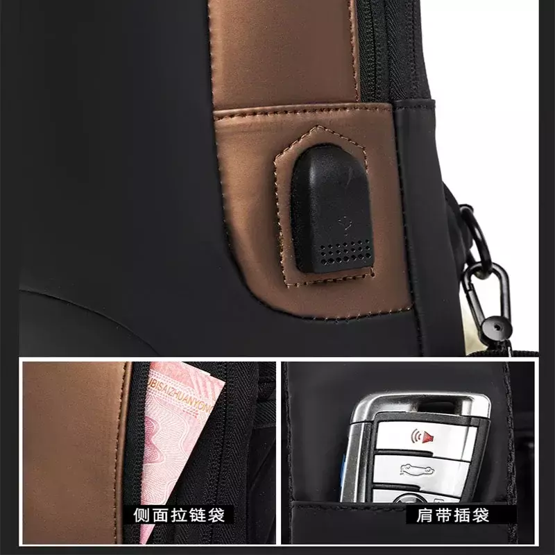 Sacos de ombro impermeáveis para homens, USB Crossbody, anti-roubo, viagem curta, saco de peito Messenger Sling