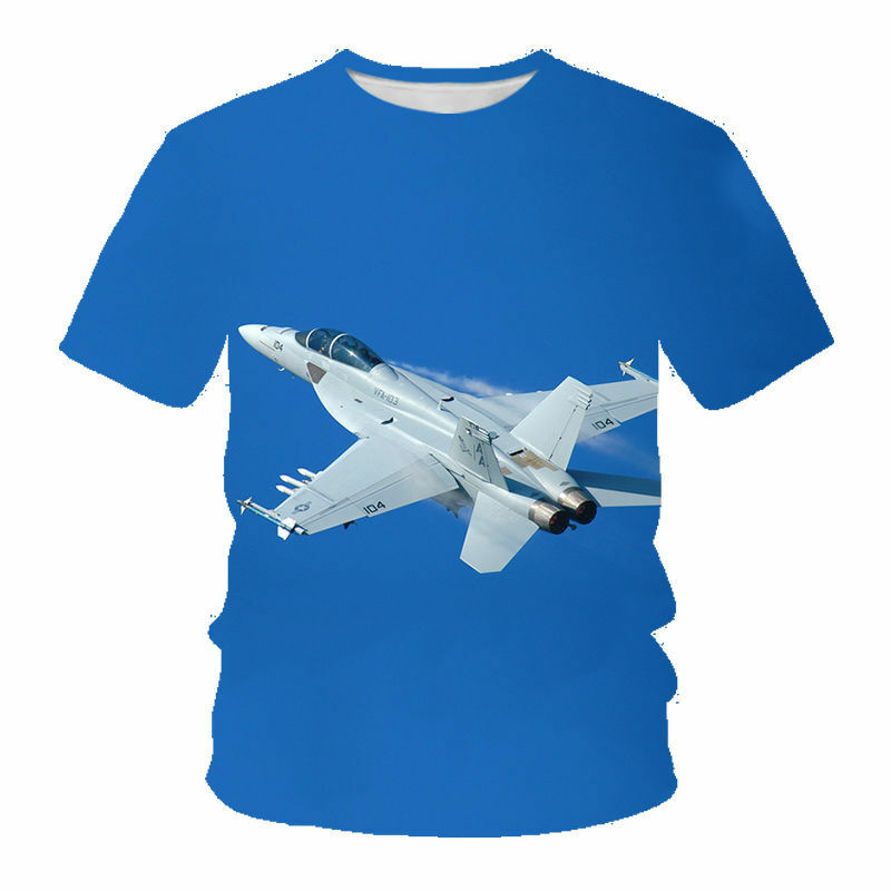 Футболки Kawaii, летняя футболка с 3D-принтом истребителя самолета, модная детская повседневная футболка с круглым вырезом для мальчиков и дево...