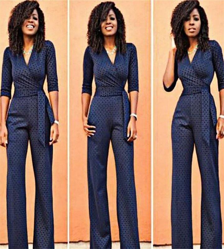 Women's spring formal sexy lace V-neck mid-sleeve jumpsuit printed pants