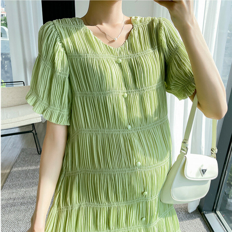 Шифоновые платья для беременных с текстурой, летняя одежда для беременных женщин, новинка 2022, однотонное зеленое Свободное платье с V-образным вырезом для беременных