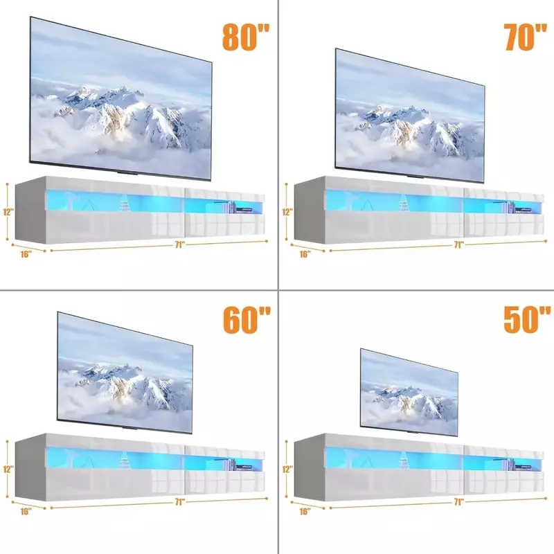 Floating TV Stand with Led Lights, 71-inch Wall Mounted TV Shelf with Power Outlet, with Storage Cabinet, up to 80 Inch TVS