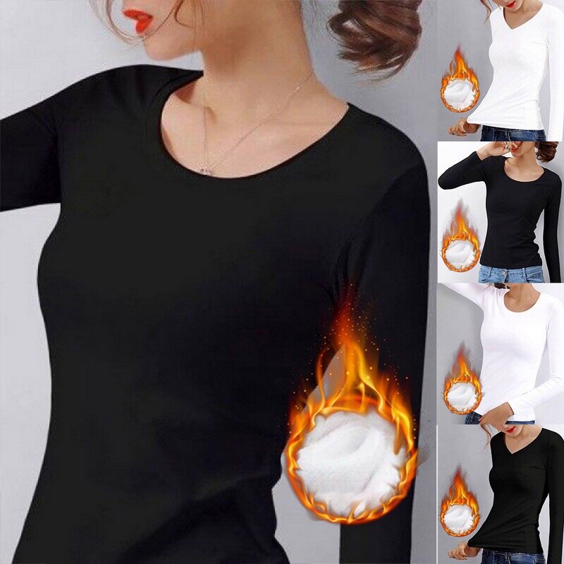 Camisa feminina de encaixe manga comprida com gola O, tops cortados para inverno, veludo básico fino casual preto, camisetas térmicas de fibra de aquecimento, 2023