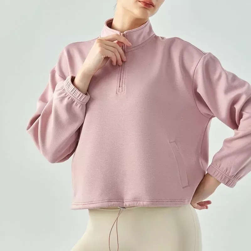 Новый спортивный свитер для фитнеса, Женский Повседневный короткий пуловер, топ для йоги с воротником-стойкой