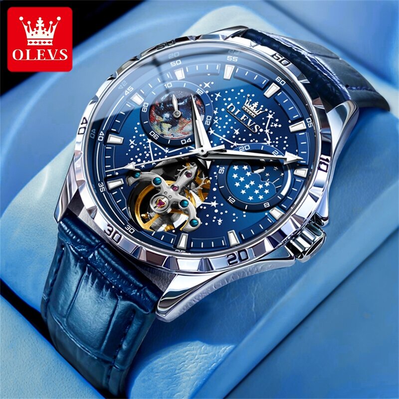 OLEVS Original Brand Fully Automatic Mechanical Men Watch Starry Sky Dial Waterproof Luminous Stainless Steel Strap Moon Phase