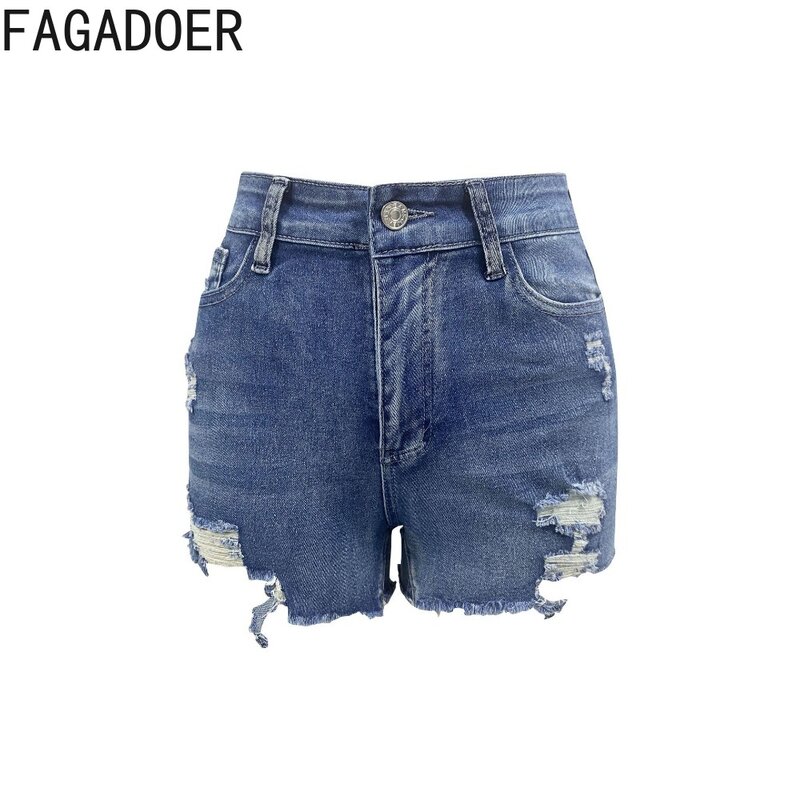 FAGADOER Summer New Hole Denim Shorts Women High Waisted Button Pocket Jean Fashion Female Solid Color Cowboy Matching Bottoms