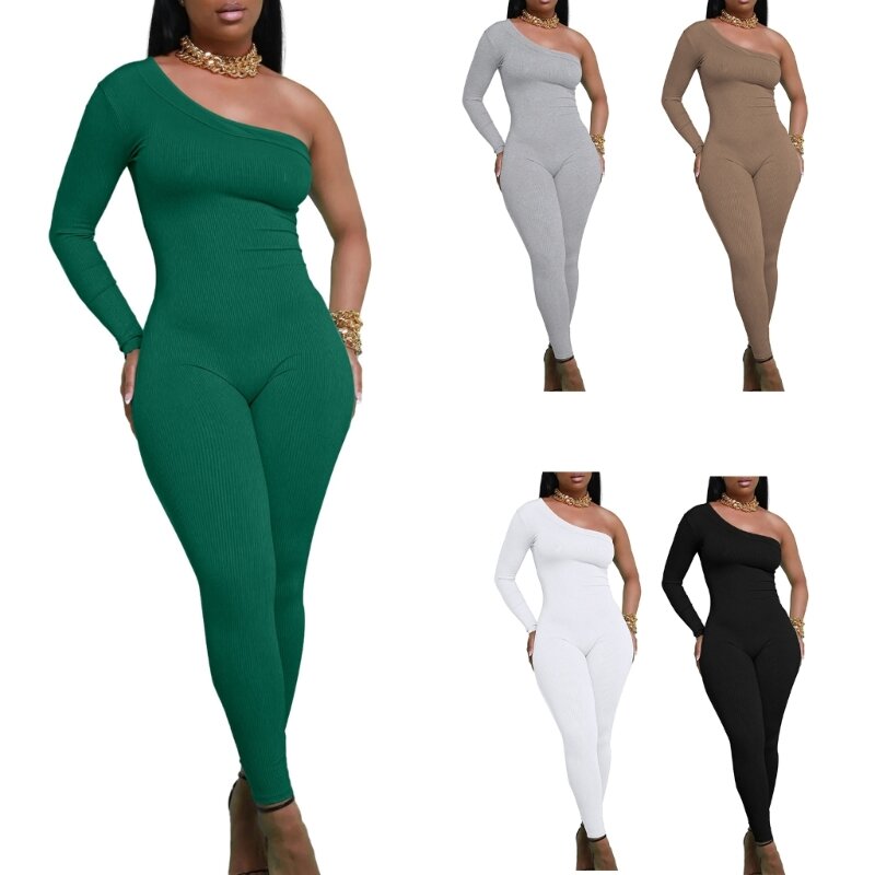 Womens Long Sleeve One Shoulder High Waist Bodycon Jumpsuits Solid Color Stretch Ribbed Knit Workout Romper for Gym Dropship