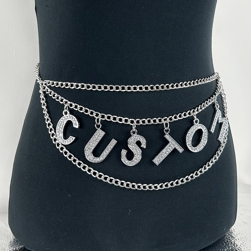 Spersonalizowany kryształ DIY duże litery talia łańcuszek do spodni seksowne kobiety Rhineston oświadczenie z imieniem i nazwiskiem łańcuszek prezent akcesoria Cosplay