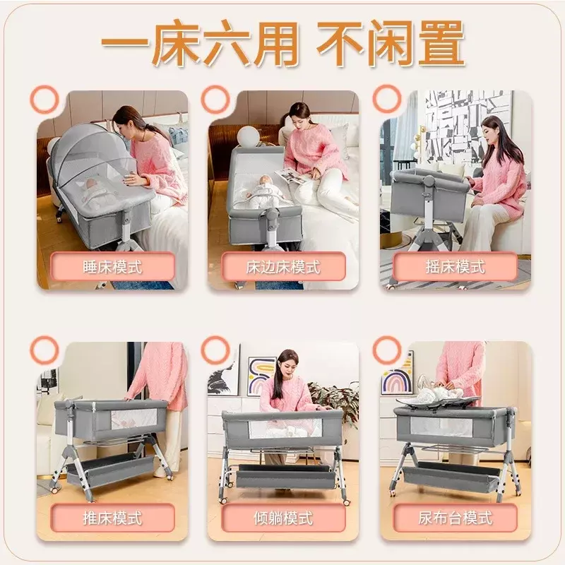 Crib Newborn Bed Splicing Big Bed Baby Crib Bb Crib Cradle Bed Multi-functional Mobile and Foldable