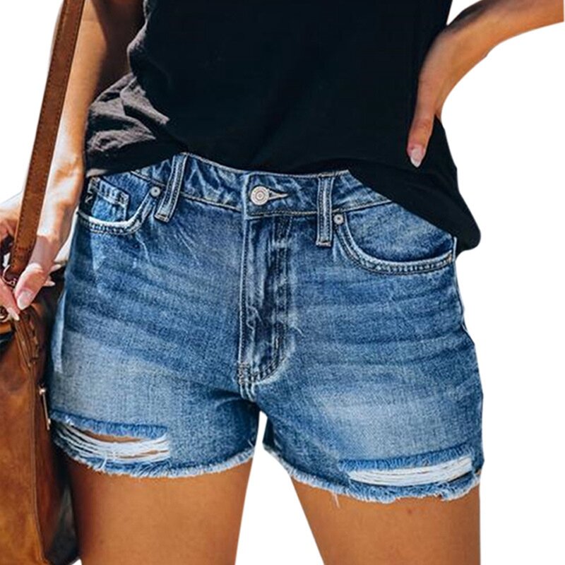 Pantaloncini di Jeans con nappe traforate a vita alta americani lavati strappati estivi pantaloni caldi da donna pantaloni Jeans a gamba dritta strappati Casual