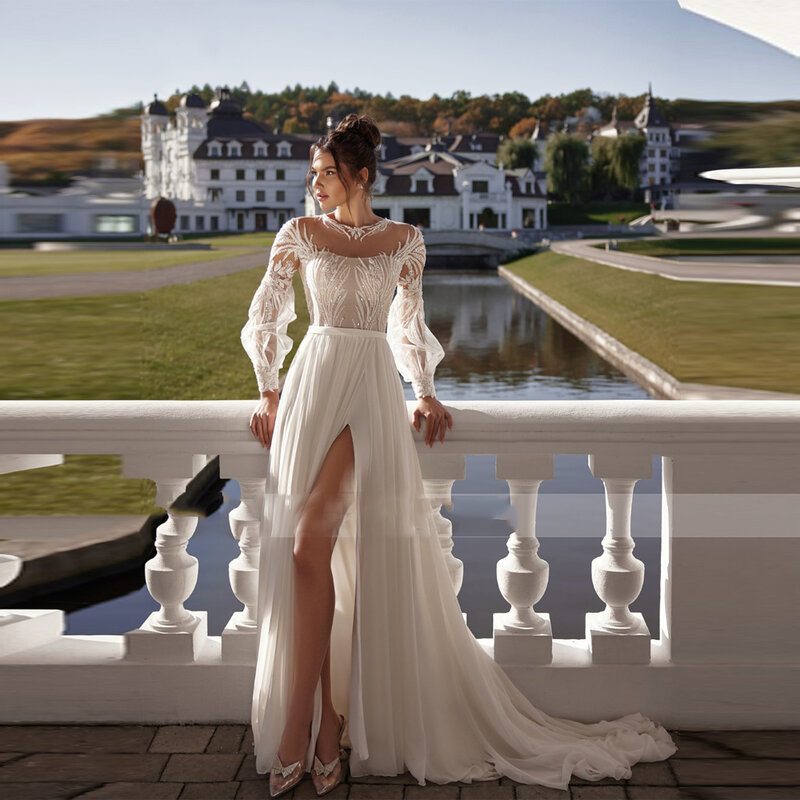 Женское свадебное платье It's yiiya, Белое Атласное платье А-силуэта с длинными рукавами и высокой вилкой на лето 2024